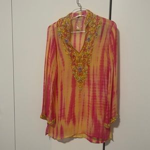 Tie dye swimsuit cover up embroidered with beads